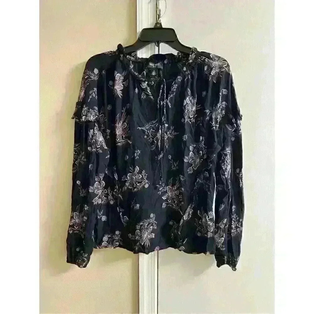 NINE WEST Women's Black Floral Long Sleeve Top Size Small Medium
